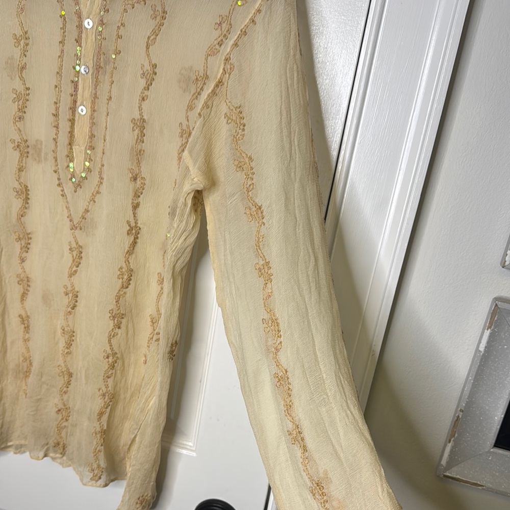 Glam Souls Vintage 100% Silk Cream Relaxed Embellished Tunic - Picture 8 of 12